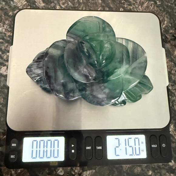 Gorgeous XL Carved Floral Fluorite Crystal Rose Sculpture - Picture 9 of 9